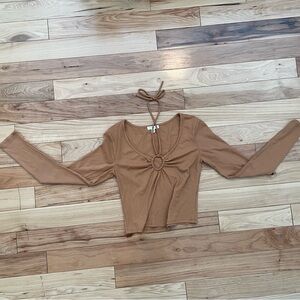 BP Tan Long Sleeve Crop Top with Tie Neck